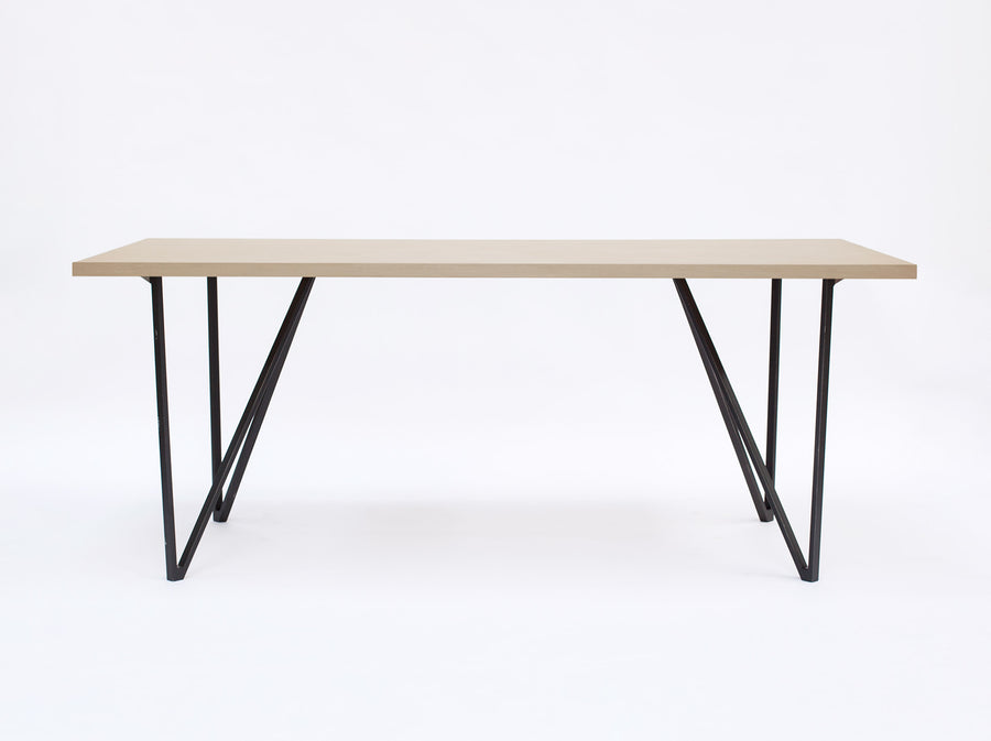 pan mobili, Seitenansicht MESA Tischgestell aus Stahl mit grüner Linoleum Platte